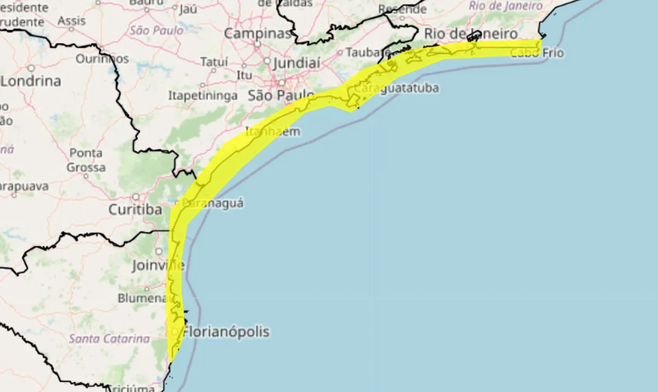 O mapa mostra as áreas em alerta para ventos intensos 